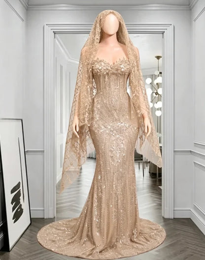 Red Rhinestone Matching Cape Veil Women Mermaid Prom Dress Formal Wedding Eveing Party Gown Customized