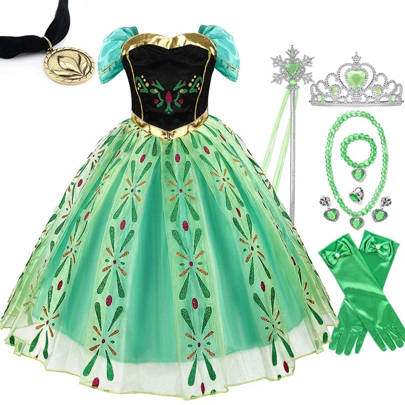 Girls Princess Anna Dress Birthday Party Dresses Halloween Disguise Cosplay Costume Fancy Green Dress Up Fantasia Anna Costumes