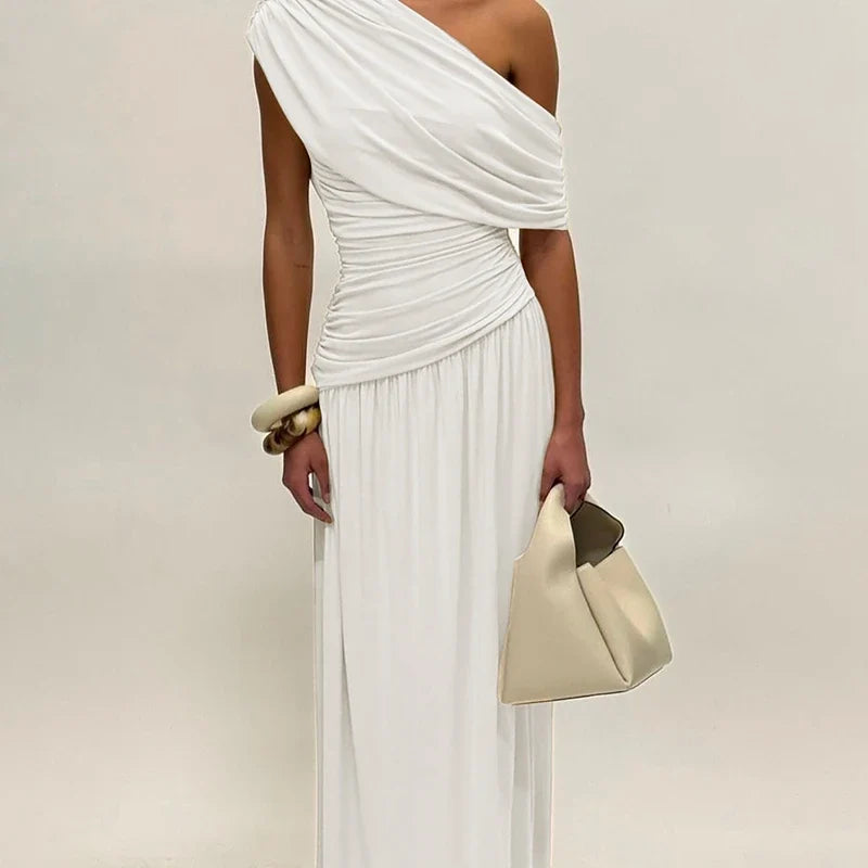 One Shoulder Ruched Sleeveless Solid Pleated Sexy Irregular Y2K Maxi Dress Summer Elegant Party Women Clothes Vacation
