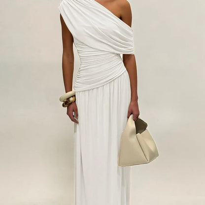 One Shoulder Ruched Sleeveless Solid Pleated Sexy Irregular Y2K Maxi Dress Summer Elegant Party Women Clothes Vacation