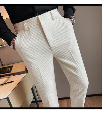 Men's Waffle Casual Pants Fashion Korean Stretch Waist Business Formal Pants Mens Social Party Suit Pants Streetwear Pencil Pant