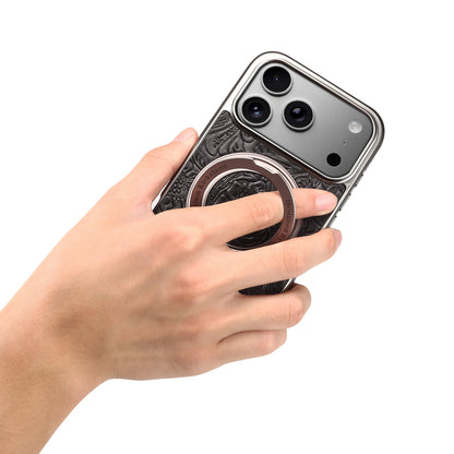 Denior is suitable for iPhone 17/16/15/14/13 Air Pro Max retro printed genuine leather 360 ° rotating bracket phone case