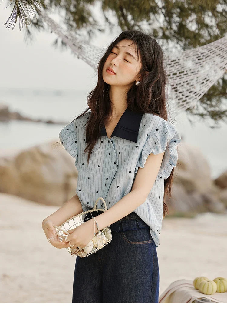 Summer Office Lady Blouses Women 2025 Short Sleeve Turn-down Collar Polka Dot Shirts Female Fashion Slim Tops MXE31C0776