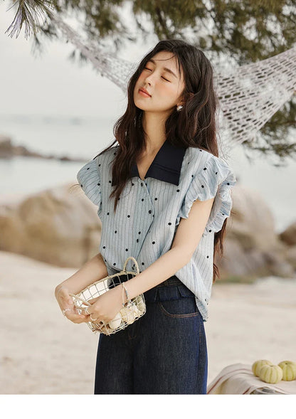 Summer Office Lady Blouses Women 2025 Short Sleeve Turn-down Collar Polka Dot Shirts Female Fashion Slim Tops MXE31C0776