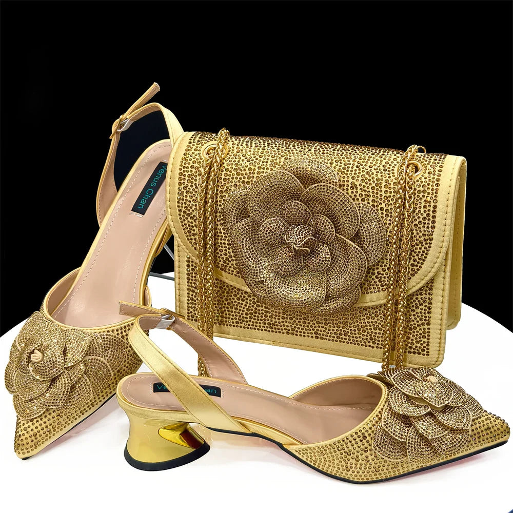 Evening Shoes and Bags Set with Full Diamond Handmade Petal Clutches Pointed Toe Peach Color Mid-Heel Women Shoes