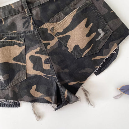 American Retro Camouflage Mini Shorts 2026 Ladies Hollow Out Slim Beach Pants Hot Girl Sexy Print Denim Shorts