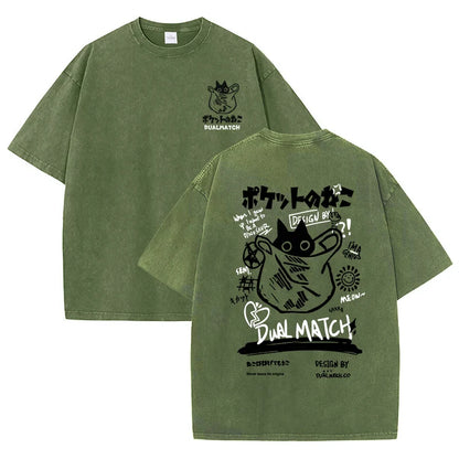 Men Women Cartoon T-Shirt Vintage Summer Harajuku Kawaii Cat Print Short Sleeve Tees Couple Streetwear Loose Clothes Cotton Tops