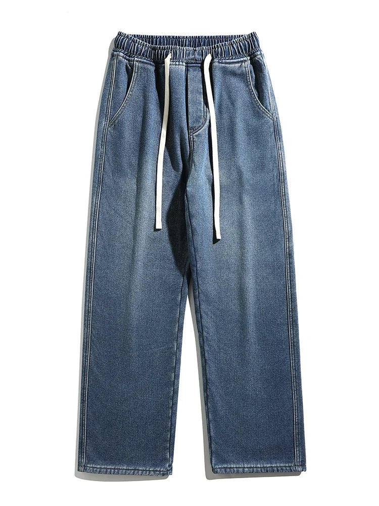 Men's Winter Jeans Fleece-Lined Brushed Thick Warm Denim Pants Korean Style Straight Fit Insulated Trousers Asians Size M-3XL