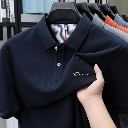Brand 100%pure cotton short sleeve polo shirt men's new fashion letter embossed business casual solid color summer lapel T-shirt