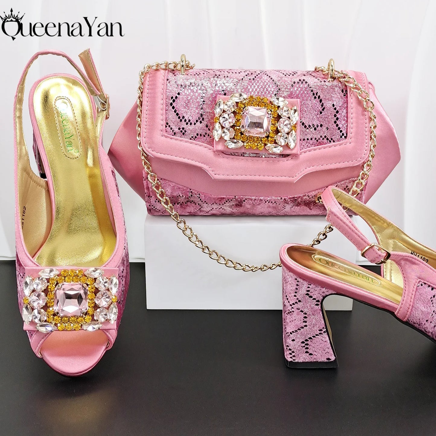 Evening's Best Shoes and Bag! Full Diamond Design Irregular Handle Bag Stiletto Heel and Pointed Toe Women's Sho