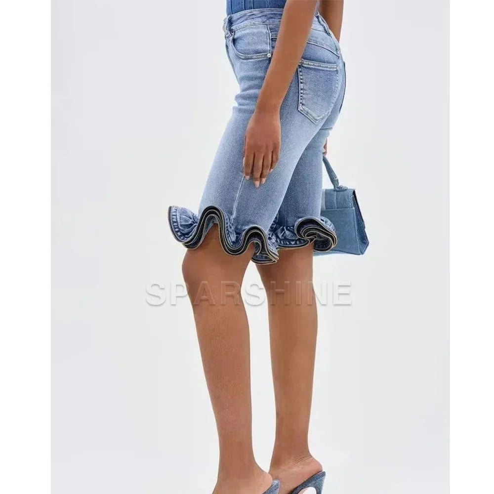 Casual High Waist Denim Shorts Women Fashion Ripped Wave Ruffle Hem Slim Fit Jeans Shorts Streetwear Trendy Slimming Shorts
