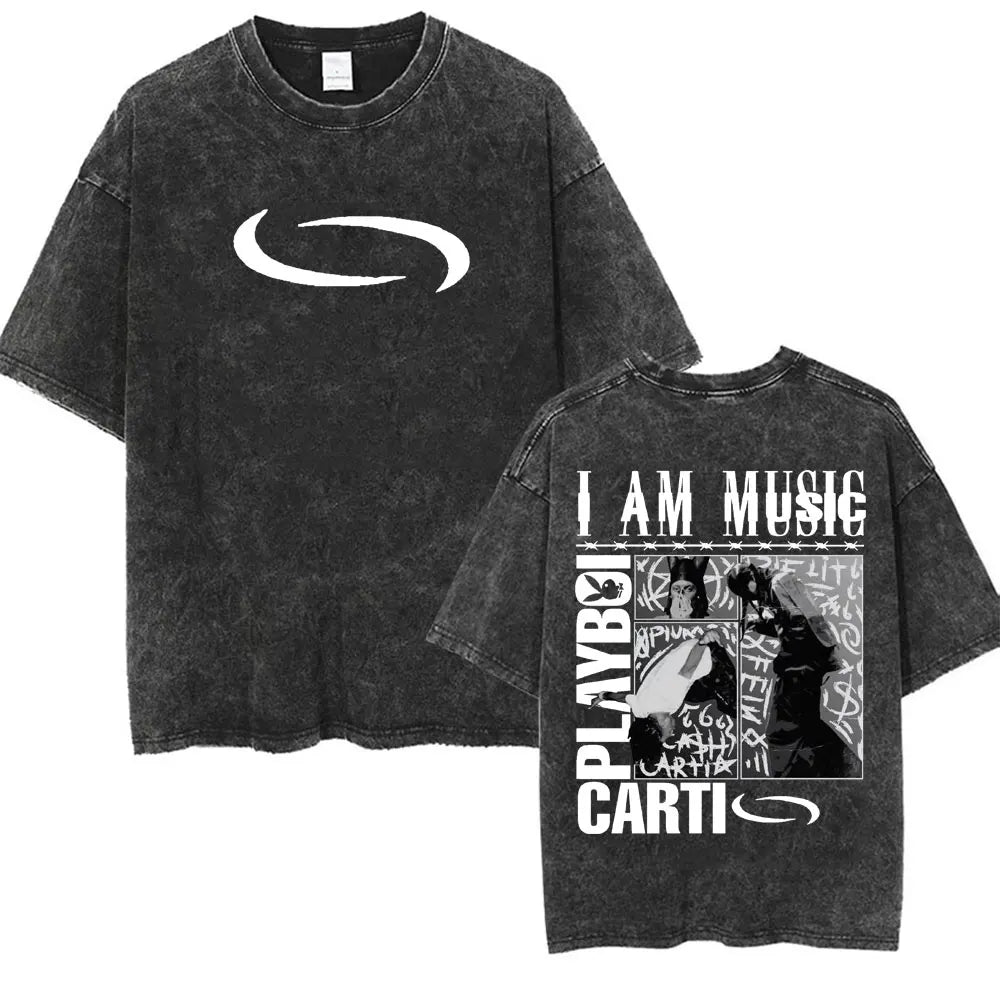 Retro Washed Playboi Carti I AM MUSIC Logo T Shirt Opium Ken Carson Narcissist Tour Antagonist Rap T-shirts Men's Oversized Tees