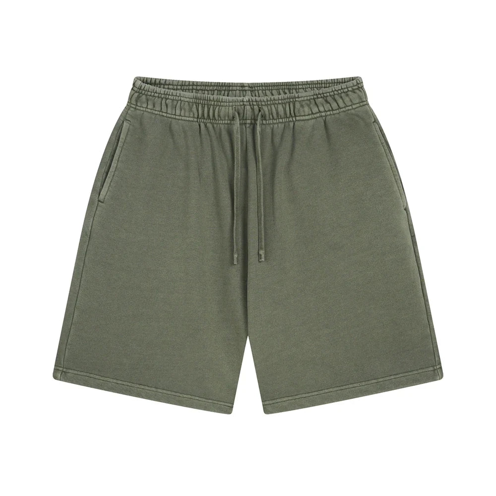 Fashion Summer Men 420gsm Washed Cotton Shorts Retro Unisex High Street Terry Knee Length Short Pants Streetwears HY0845