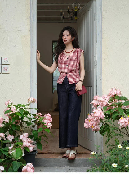 Women's Fashion V-neck Shirt 2026 Summer New Plaid Ladies Red Button Shirt Casual Retro Top Female Clothing MXE37X1921
