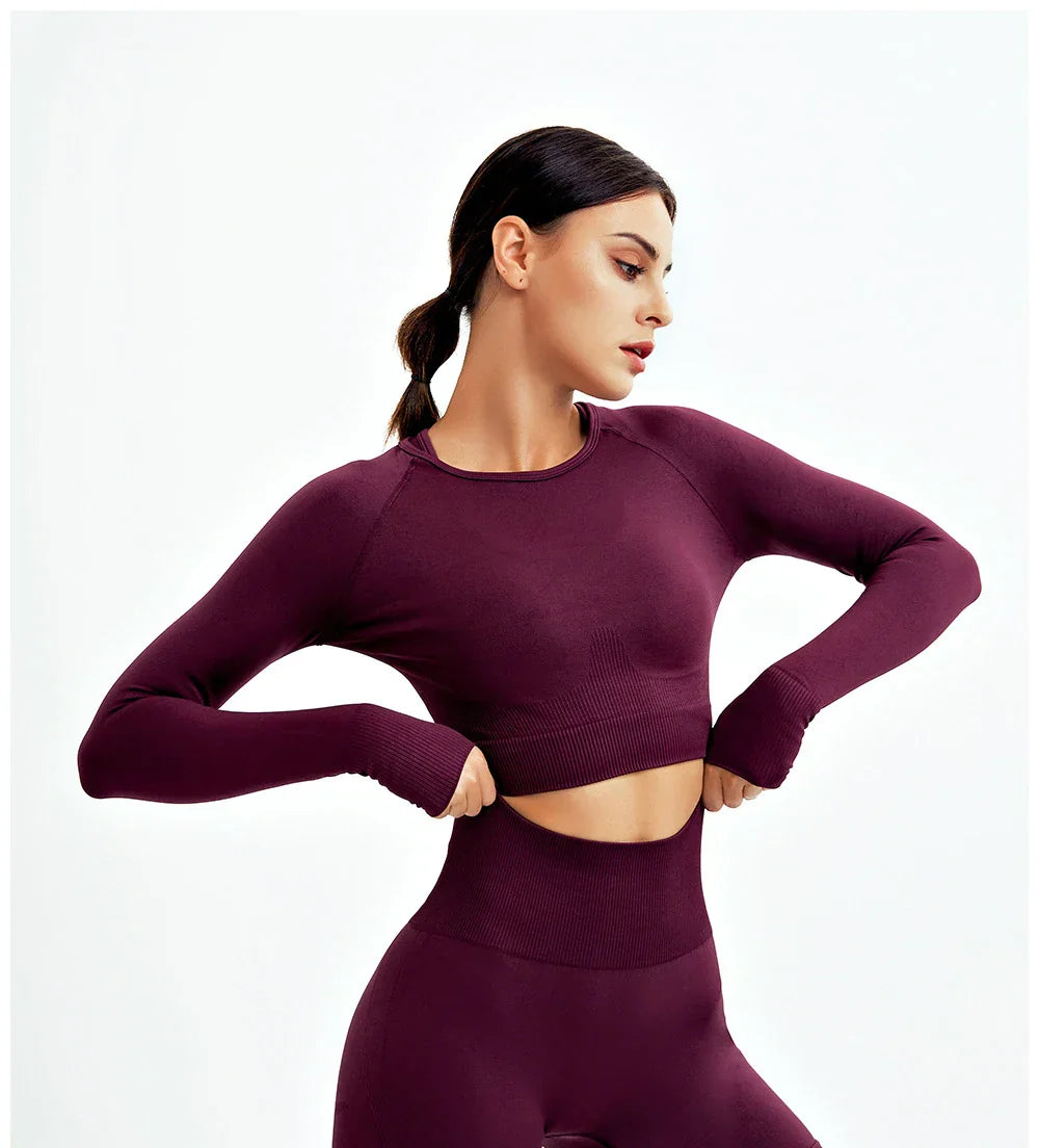 2/3Pcs Women Seamless Fitness Yoga Suit Workout Long Sleeve Crop Top Shirt Sports Bra High Waist Running Leggings Gym Clothing