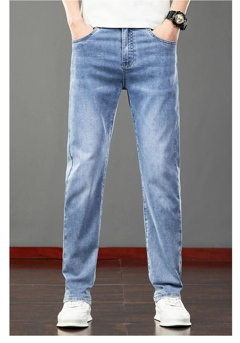 Spring Summer Thin Men's Jeans Fashion Korean Elastic Slim Straight Business Casual Denim Pants Classic Washed Male Trousers