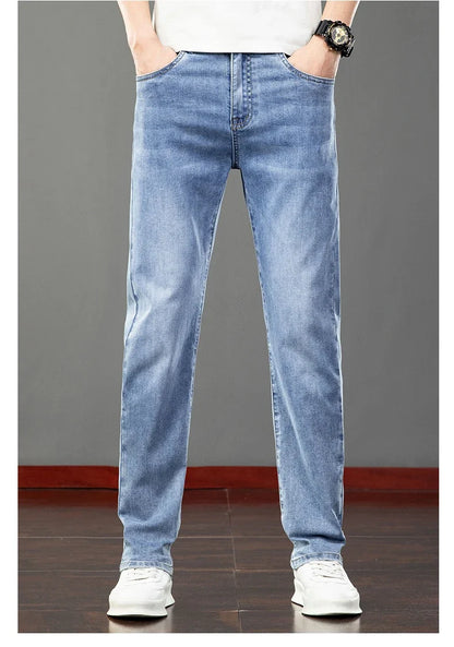 Spring Summer Thin Men's Jeans Fashion Korean Elastic Slim Straight Business Casual Denim Pants Classic Washed Male Trousers