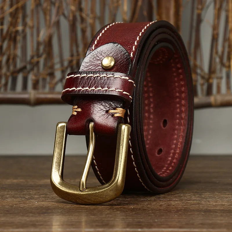 3.8CM Pure Cowhide High Quality Genuine Leather Belts for Men Korean Version Strap Male Brass Buckle Fancy Vintage Jeans Cowboy
