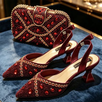 New Itlian Design Blue Color Rhinestone High Heel Shoe And Bag Fashion Style Pointed-Toe Shoes For Comfort Included Women Shoes