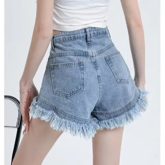 Women's Pear-shaped Friendly Denim Shorts 2026 Summer New High Waist Frayed Hem Casual Streetwear Wide Leg Hot Pants