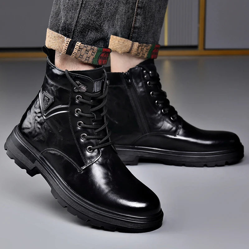 British Style Mens Winter Platform Snow Boots Fashion Genuine Leather Outdoor Antiskid Walking Ankle Boots Mens High Top Boots