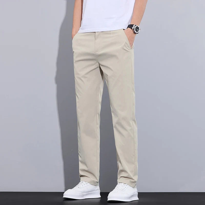 Spring Summer Thin Men's Slim Casual Pants Solid Color Elastic Waist Soft Breathable Business Straight Trousers Black Beige Gray