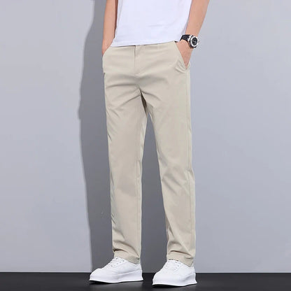 Spring Summer Thin Men's Slim Casual Pants Solid Color Elastic Waist Soft Breathable Business Straight Trousers Black Beige Gray