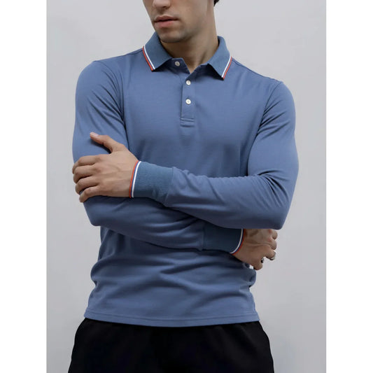 Men's Henley Neck Polo Shirt Cotton Solid Color Long Sleeve Autumn Winter Premium Luxury Mens Top