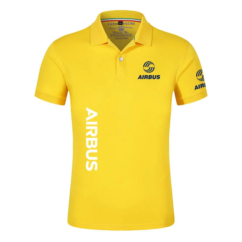 2024 New Solid Color Men AIRBUS AVIATION Flight Lapel  Polo Shirt Bare Stand Collar T-shirt European Loose Short Sleeves Tops