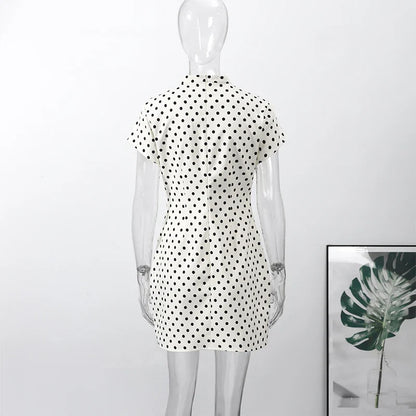 Fashion Lace Up Polka Dot Mini Dress Women Square Collar Short Sleeve Satin Party Dresses2026 Summer Lady Elegant Beach Robe New