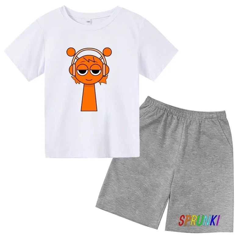 2026 Sprunki Kids T-Shirt + Shorts Set, Boys Girls Cartoon Game Printed Cotton Short Sleeve 2Pcs Summer Casual Outfit