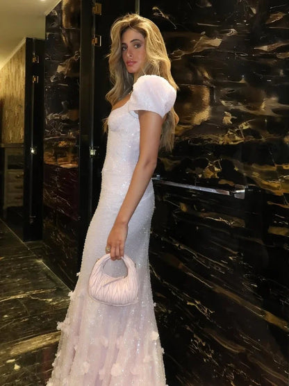 Customized High Quality V-neck Floor Lenth Pink Appliques Short Sleeves Backless Mermaid  فساتين نسائيه ماركة Vestidos De Gala