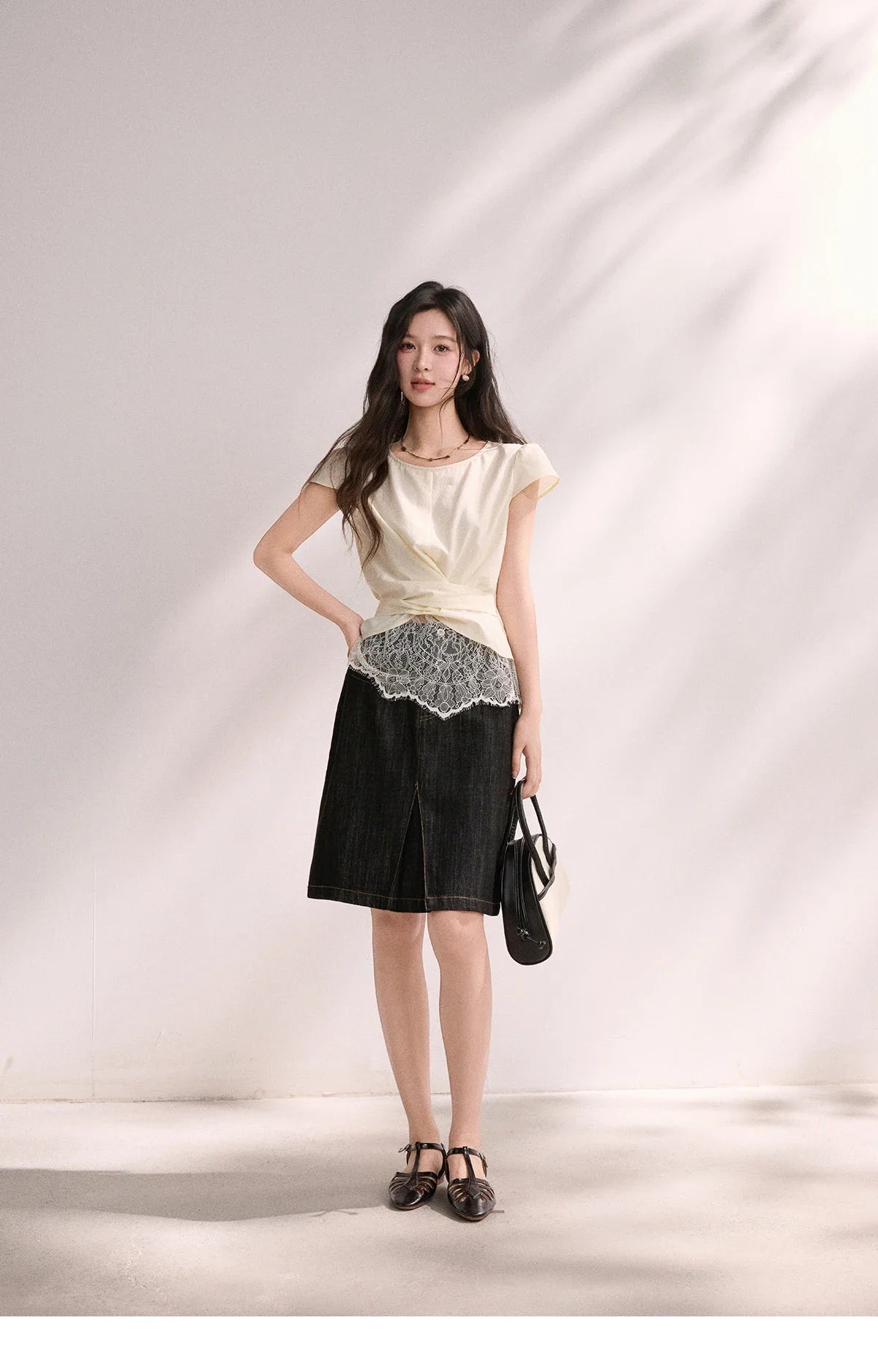 New French-style Twisted Crossover Waist-cinching Blouses Lace Patchwork Slim Fit Elegant Short Sleeve Top MXF22X2603