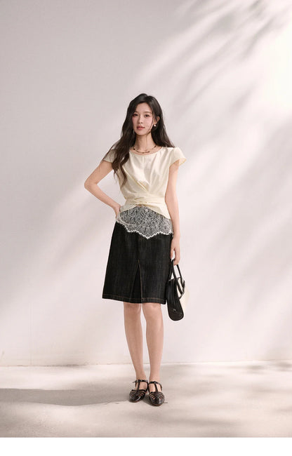 New French-style Twisted Crossover Waist-cinching Blouses Lace Patchwork Slim Fit Elegant Short Sleeve Top MXF22X2603