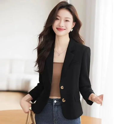 Caramel Short Suit Jacket Women's Casual High-Waisted 2025 New Spring Autumn Short Style Upper Body Fashion Polyester Fiber