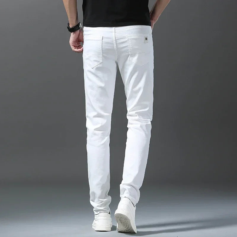 2026 Spring New Men Slim Jeans 98% Cotton White Stretch Straight Casual Fashion Pencil Pants High Quality Trousers Male Clothes