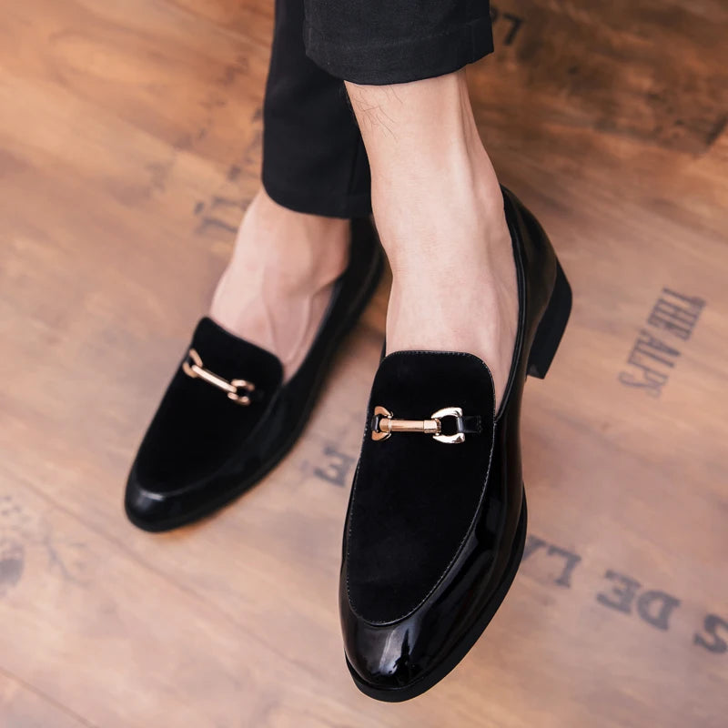 Men's pointed suede formal shoes, retro new patchwork loafers mixed with slipper shoes, wedding dress leather shoes