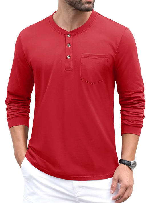 Henry Neck Long Sleeves Men's High Quality Cotton Henley Shirts Casual Button T-Shirt with Pocket Placket Fitted Tees