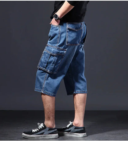 Amazon Summer Thin Loose-Fit Multi-Pocket Work Denim Shorts Casual Jeans Men's 5-Piece 7-Piece Ankle Length Blue Straight Leg