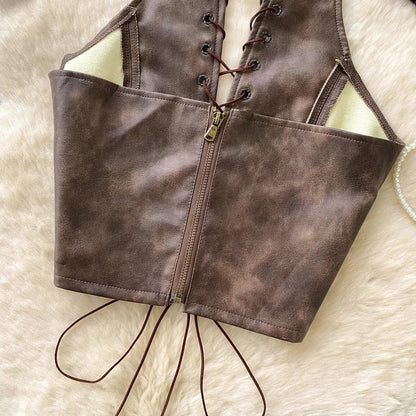 PU Leather Sexy Club Camisole Fashion Hollow Out Lace Up Slim Tank Top Sleeveless Backless Ins Spicy Girl Halter Top
