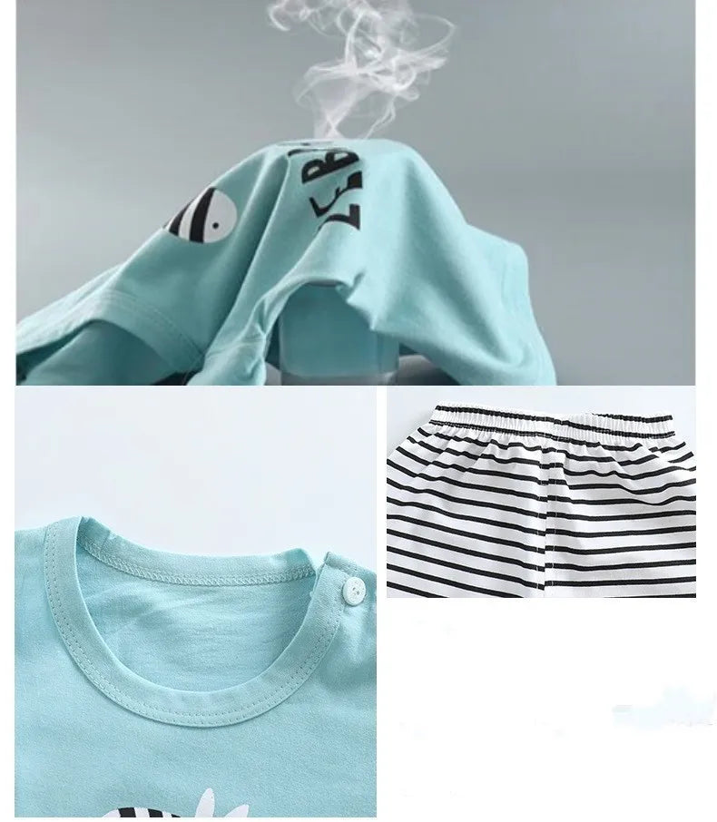 1-6 Years Kids Summer Tees+Stripe Shorts 2-piece Clothes Set Pajama Cotton Underwear Cartoon Zebra Dinosaur Print Sleepwear Suit