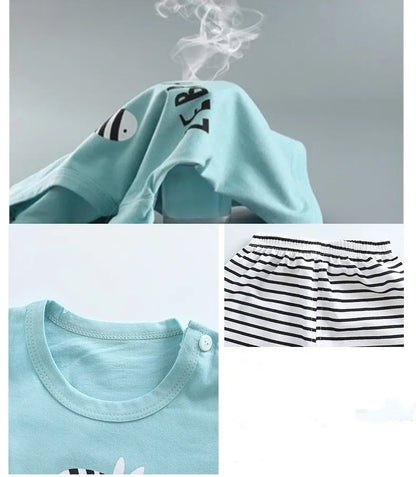 1-6 Years Kids Summer Tees+Stripe Shorts 2-piece Clothes Set Pajama Cotton Underwear Cartoon Zebra Dinosaur Print Sleepwear Suit