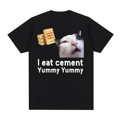 I Eat Cement Cursed Cat Funny Meme T Shirt for Men Women Fashion Casual Short Sleeve T Shirts Male Oversized Cotton T-shirt Tops