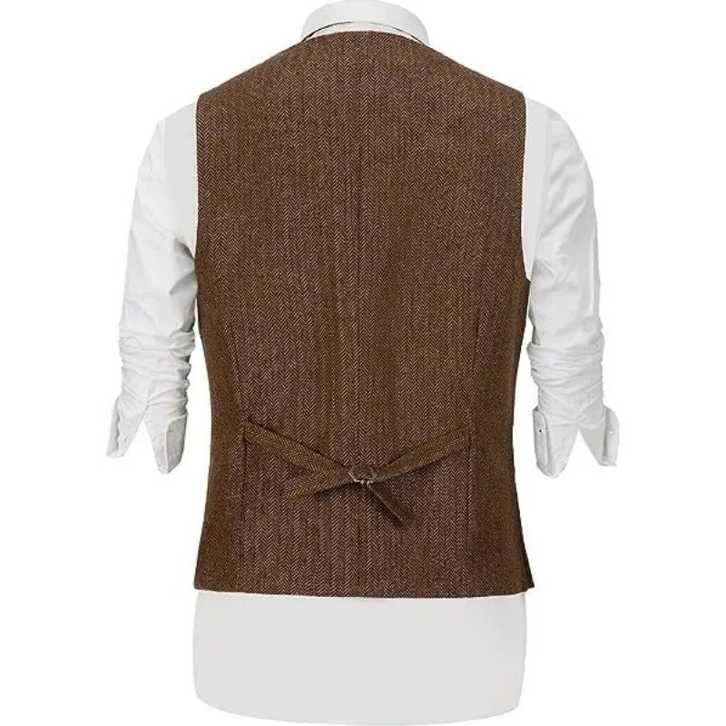 Men Vest Brown Classic Herringbone Pattern Suit Vest Notch Lapel Waistcoat Slim Formal For Wedding Groomsmen Banquet Men Suit