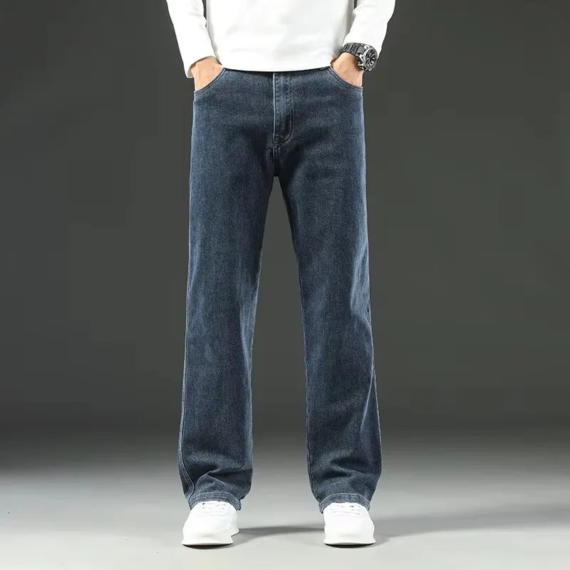 Autumn Winter  Brand New High Waist Jeans Classic Business Casual Office Men's Fashion Stretch Slim Denim Jeans Navy Blue