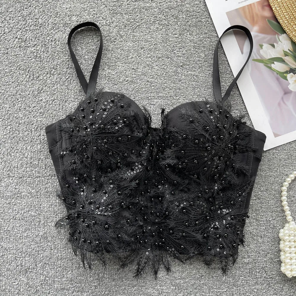 Women Hotsweet Sleeveless Sexy Chest Cushion Lace Backless Embroidered Beads Slim Straps Camis Top High Street Autumn Clothing