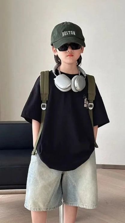 Black Graffiti Letters Pure Cotton Short Sleeve T-Shirt for Tween Boys Loose Fit Summer Youthful Wear Kids Outerwear Clothing