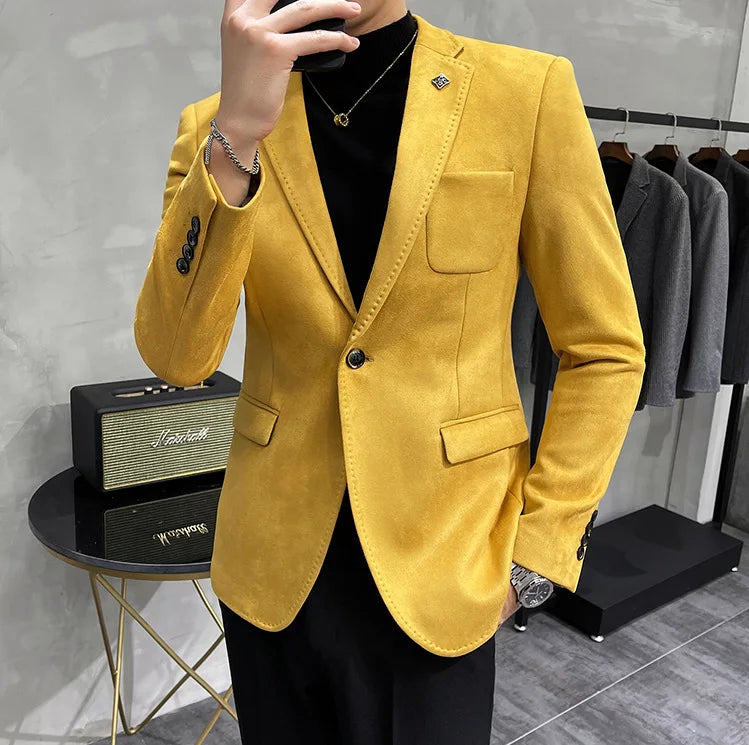 Men's Deerskin Fleece Suit Jacket 2025 Spring New High Quality Single Button Slim Fit Business Casual Suit Coat  Men Clothing