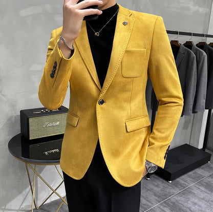 Men's Deerskin Fleece Suit Jacket 2025 Spring New High Quality Single Button Slim Fit Business Casual Suit Coat  Men Clothing