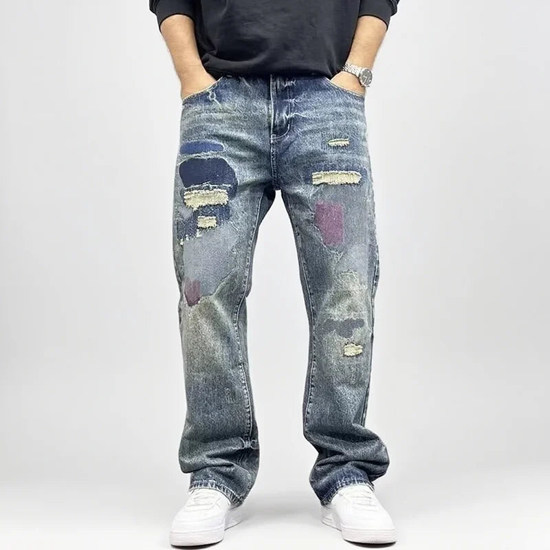 Korean Retro Ripped Jeans Embroidered Slim Fit Men'S Straight Leg Pants Graffiti Jeans Fashion Casual Pants